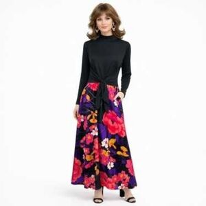 Tori Richard Vintage 60s 70s Floral Maxi Dress Black Tie Waist Hawaiian Mod